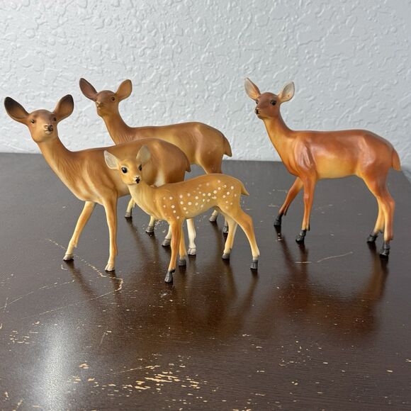 Vtg Celluloid Hard Plastic Deer Figurines Set of 4 Hong Kong 3 Doe 1 Fawn Bambi - Picture 1 of 12